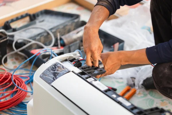 Technician repairing controls inside residential HVAC equipment