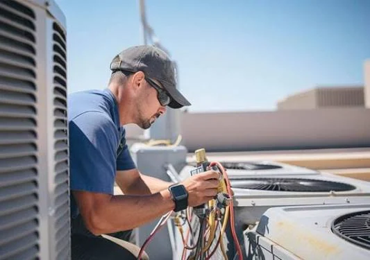 Technician using diagnostic gauges during outdoor HVAC maintenance